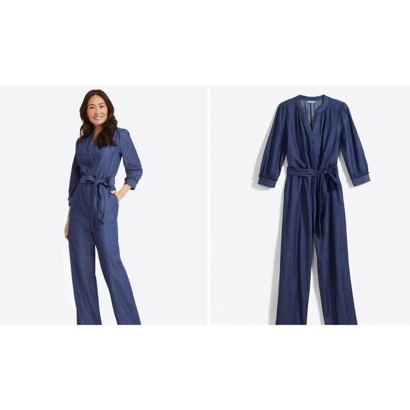 DRAPER JAMES Tie Waist Jumpsuit in Chambray Dark Wash Blue Wide Leg 3/4 Sleeve L - Picture 1 of 9